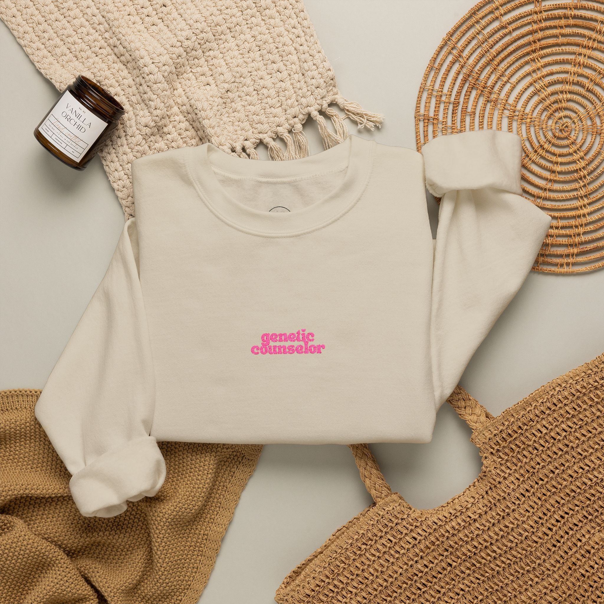 Genetic Counselor Retro Pink Script Embroidered Crewneck Sweatshirt
