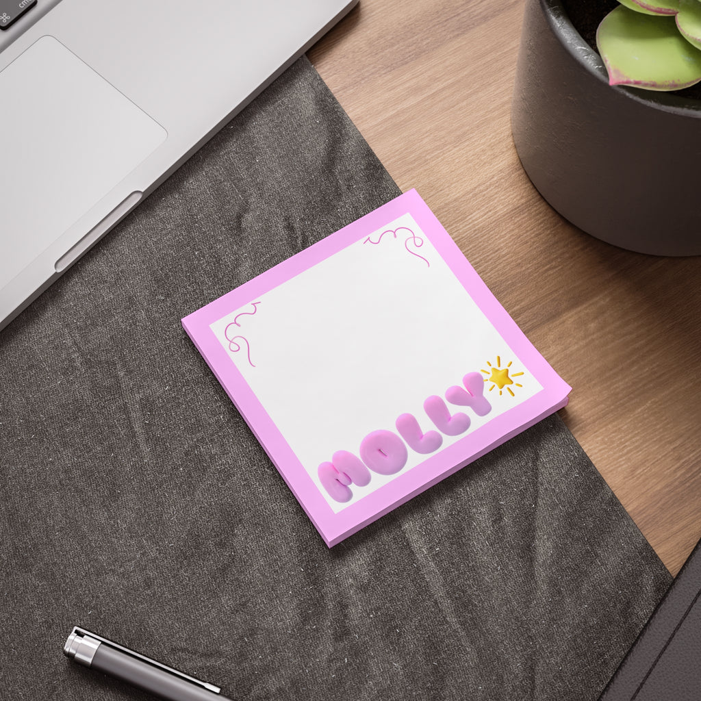 Personalized Name Pink Sticky Notes — Cute Puffy Lettering with Star